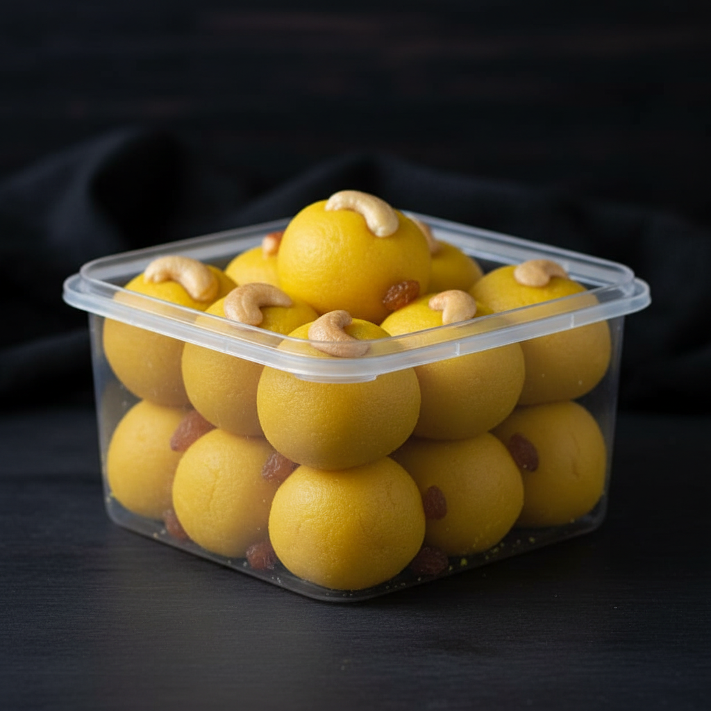 Besan Laddu in plastic box - front