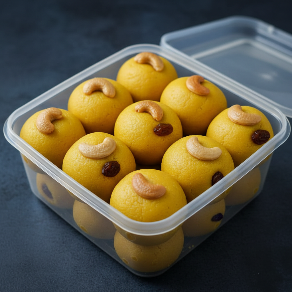 Besan Laddu in plastic box - open 45 degree
