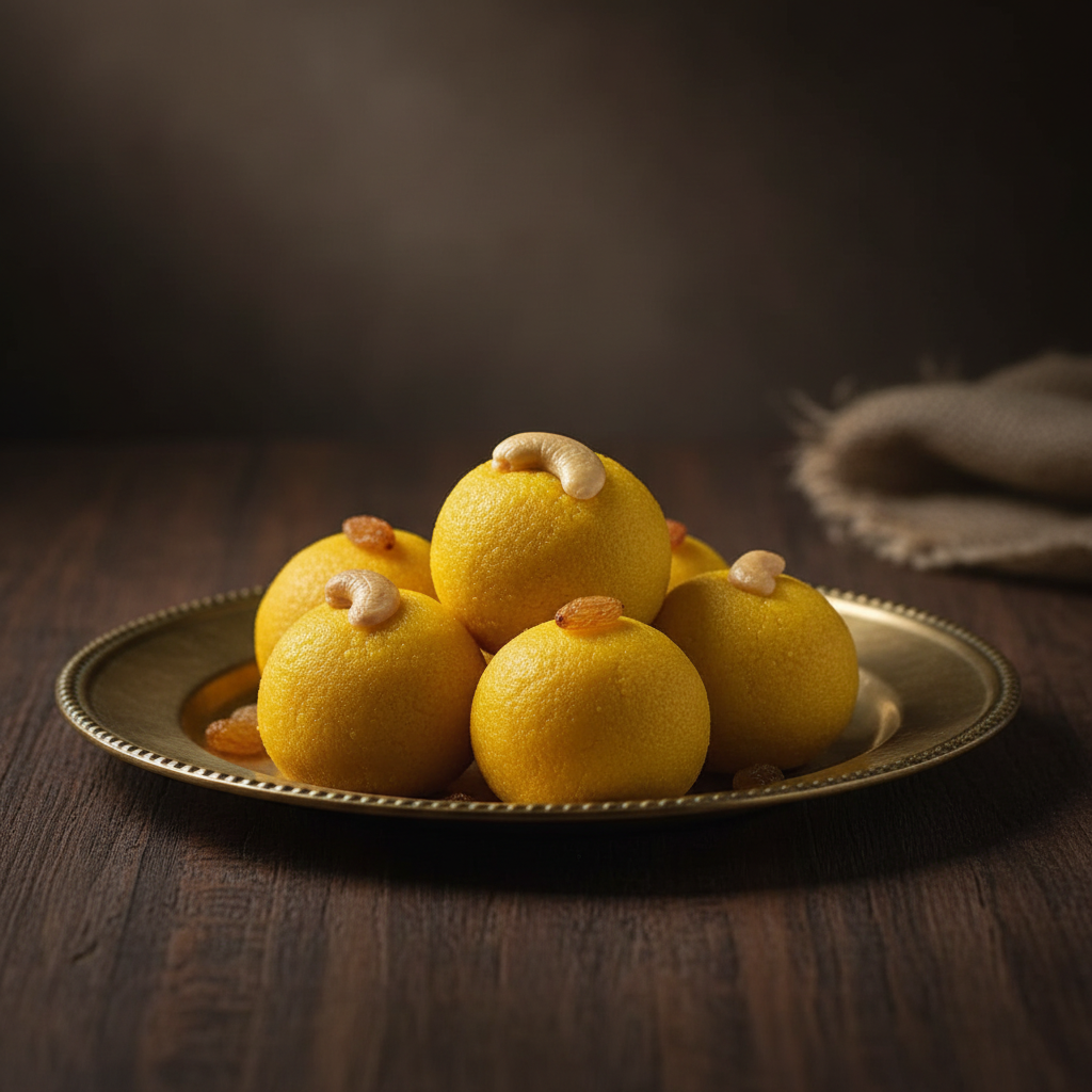 Besan Laddu on brass plate - 45 degree