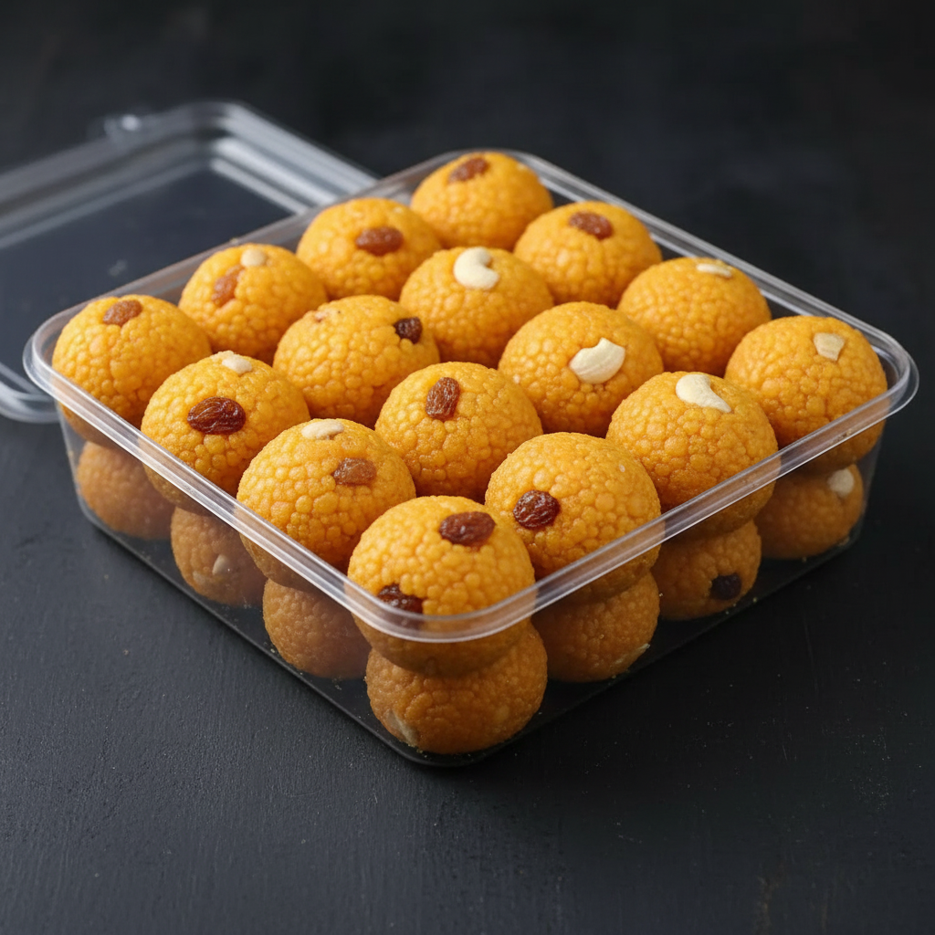 Boondi Laddu in plastic box - 45 degree open