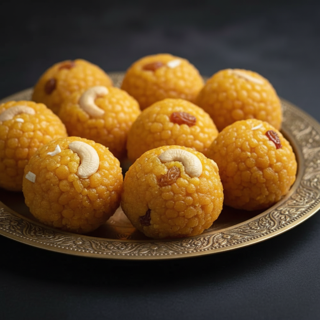 Boondi Laddu on brass plate - 45 degree