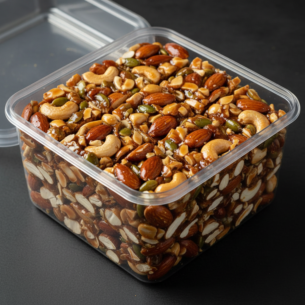 Dry Fruits Chikki in plastic box - open 45 degree