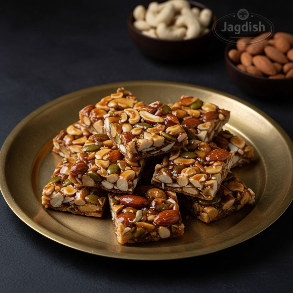 Dry Fruits Chikki on brass plate - 45 degree