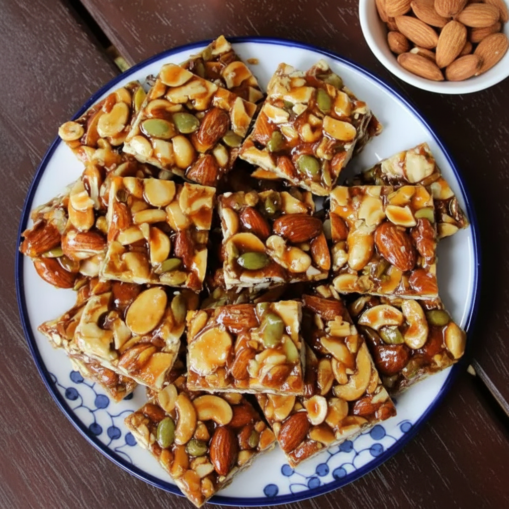Dry Fruits Chikki on ceramic plate - top