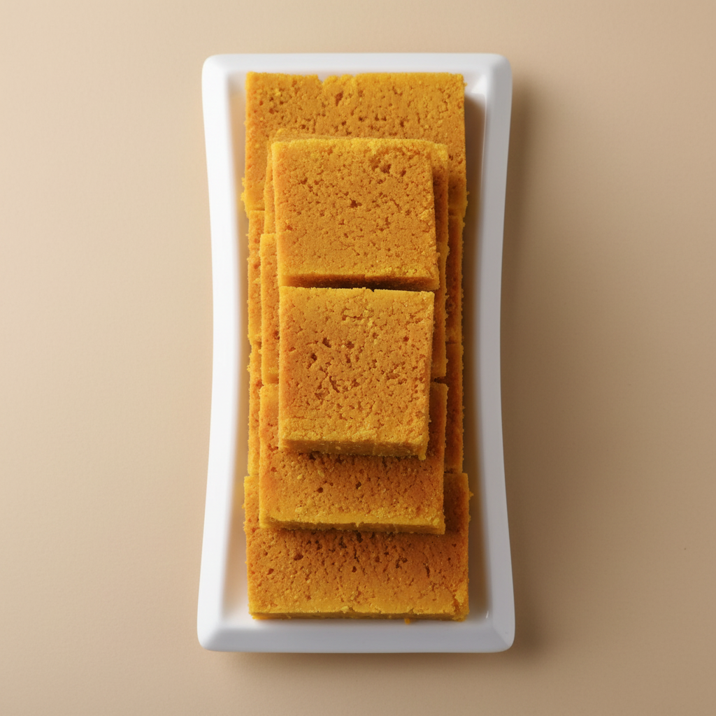 Mysore Pak in white ceramic bowl top view