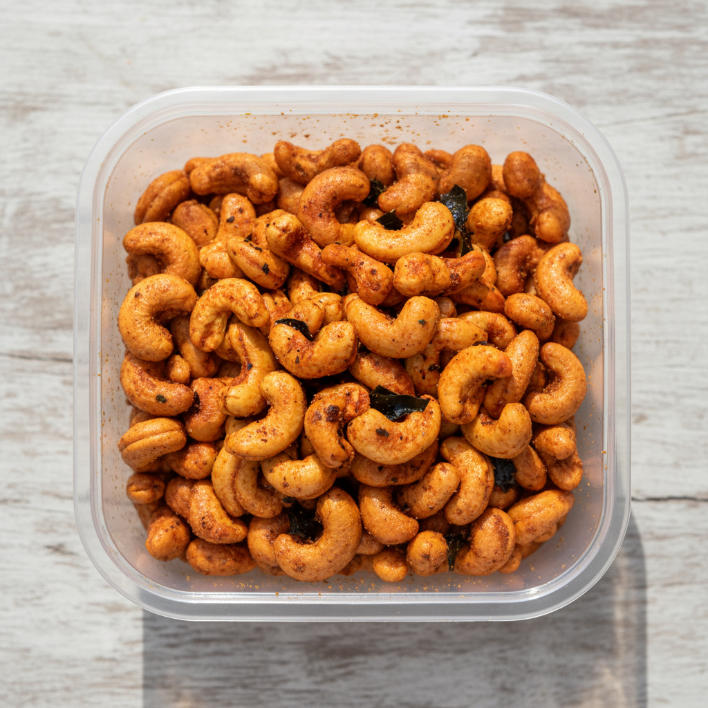 Kaju Masala top view in open square plastic box