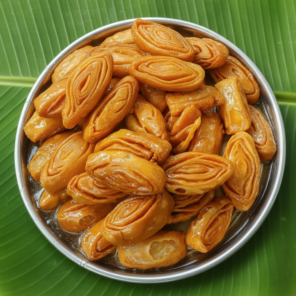 Madatha Kaja on silver plate with sugar syrup dripping