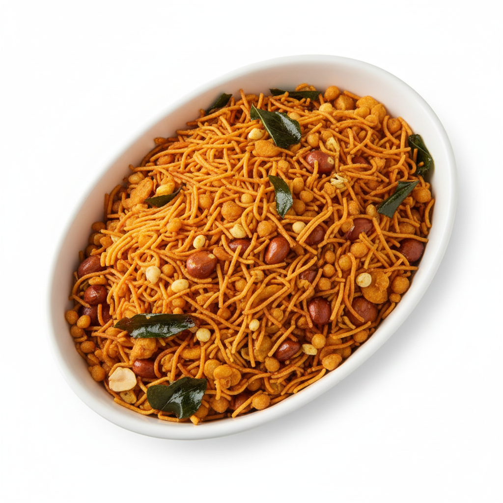 Andhra Mixture in white bowl top down view