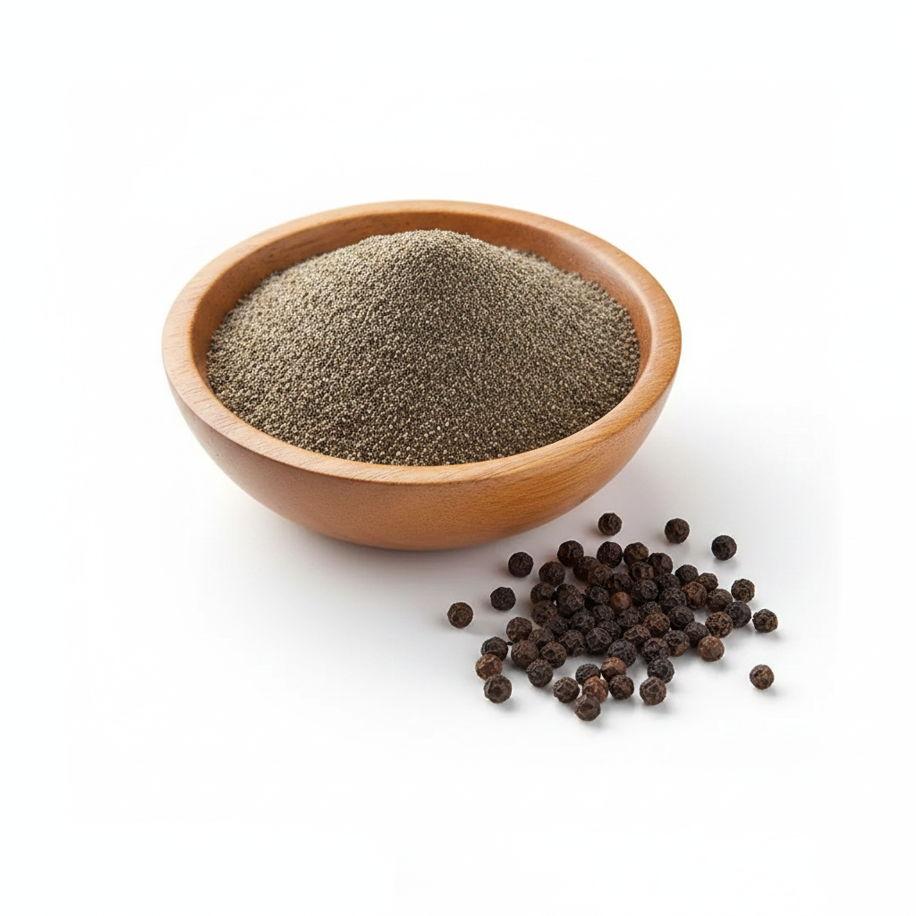 Black pepper powder in wooden bowl overhead