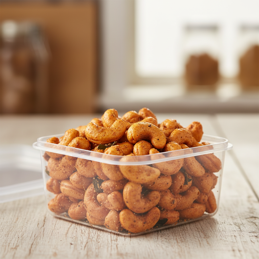 Kaju Masala angle view in open square plastic box