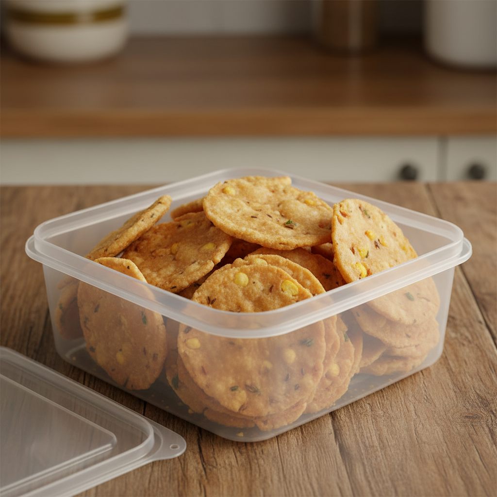 Chekkalu Appalu angle view in open square plastic box