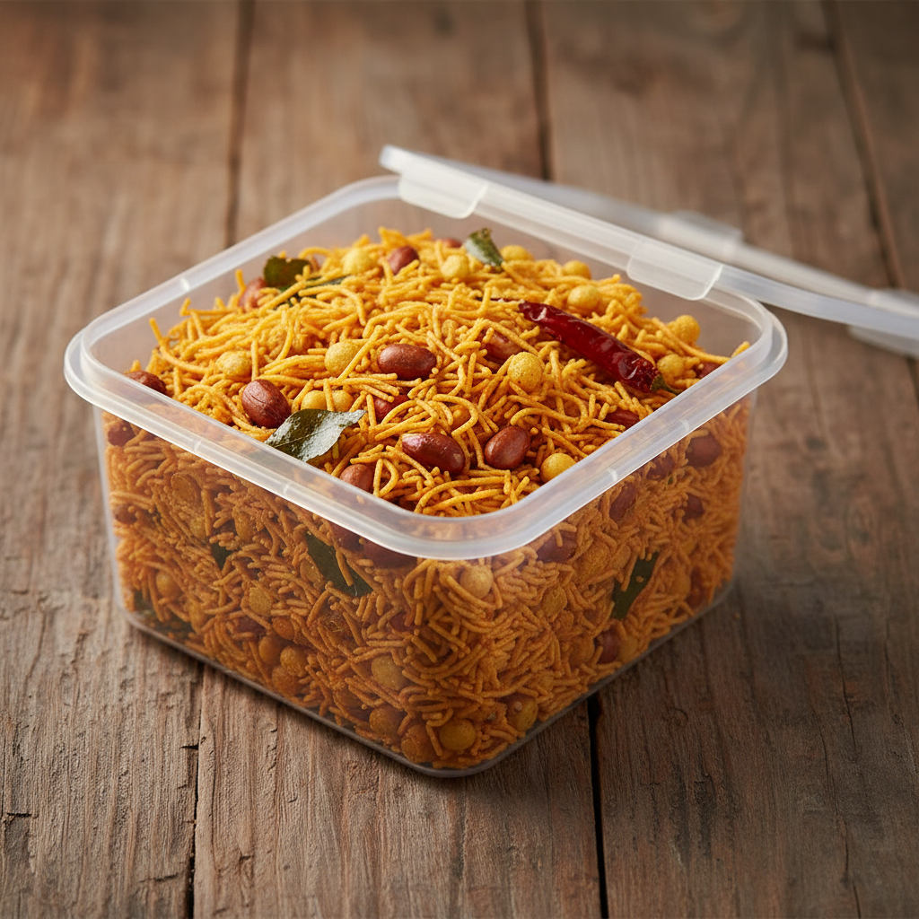 Andhra Mixture in plastic container 45 degree view
