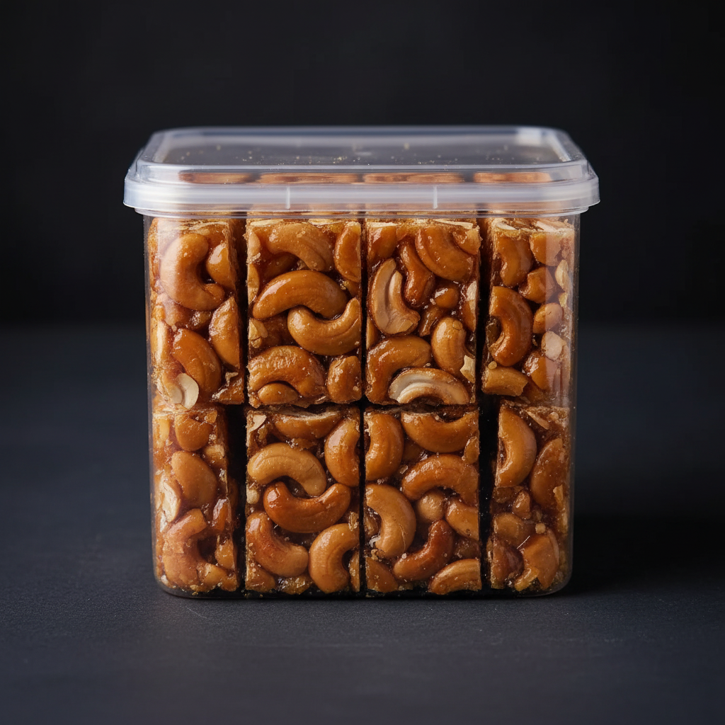 Kaju Chikki in plastic box - front