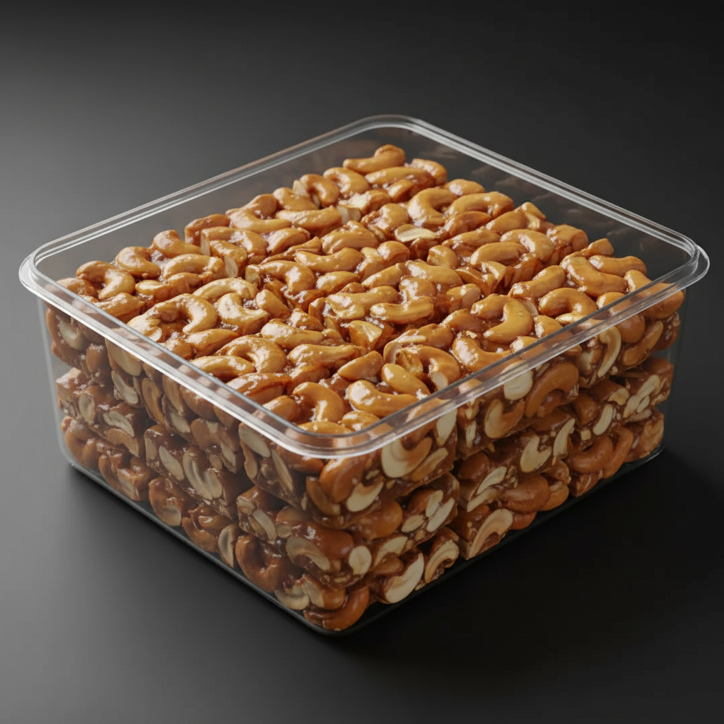 Kaju Chikki in plastic box - open 45 degree