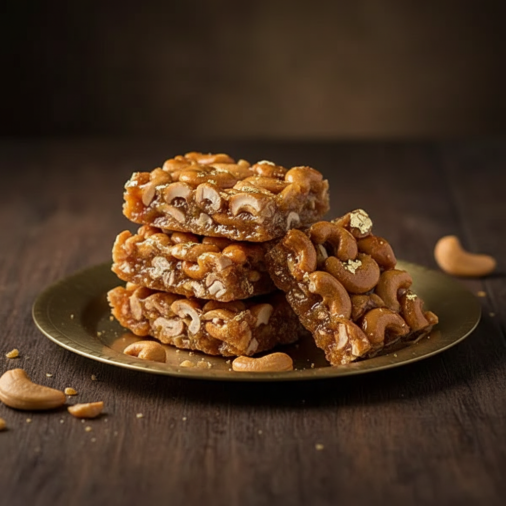 Kaju Chikki on brass plate - 45 degree