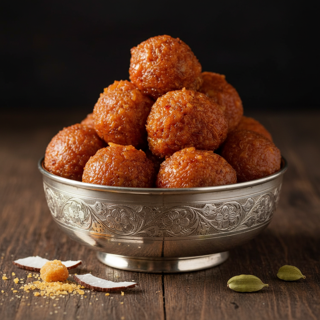 Kobbari Laddu close-up stacked