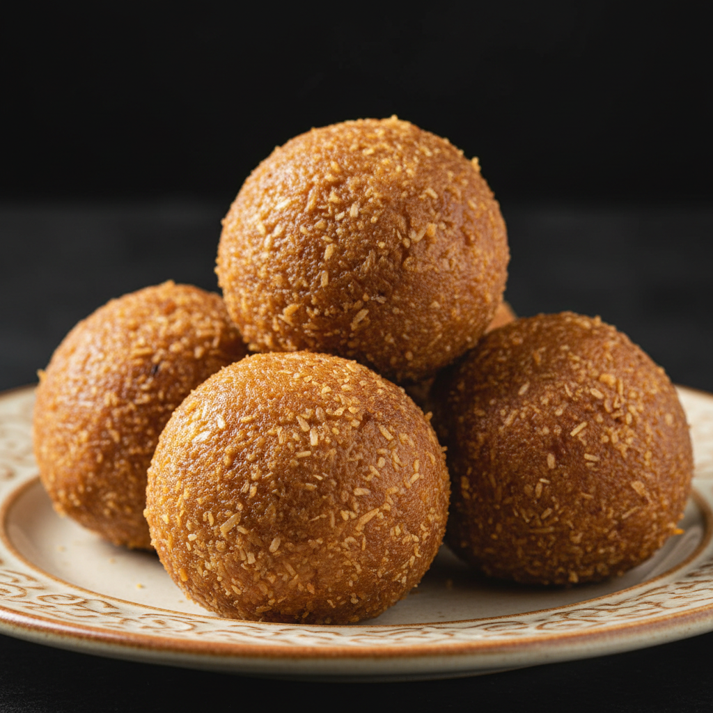 Kobbari Laddu on ceramic plate - side close up