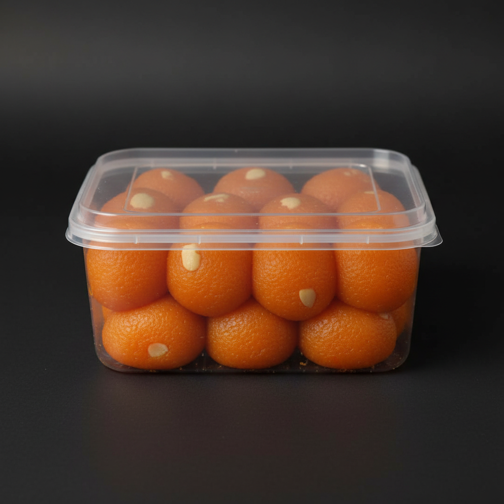 Motichoor Laddu in plastic box - front