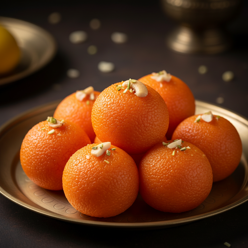 Motichoor Laddu on brass plate - 45 degree