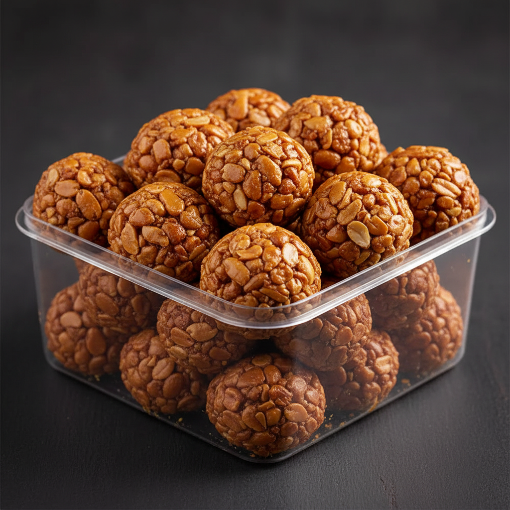 Peanut Laddu natural color - plastic box open