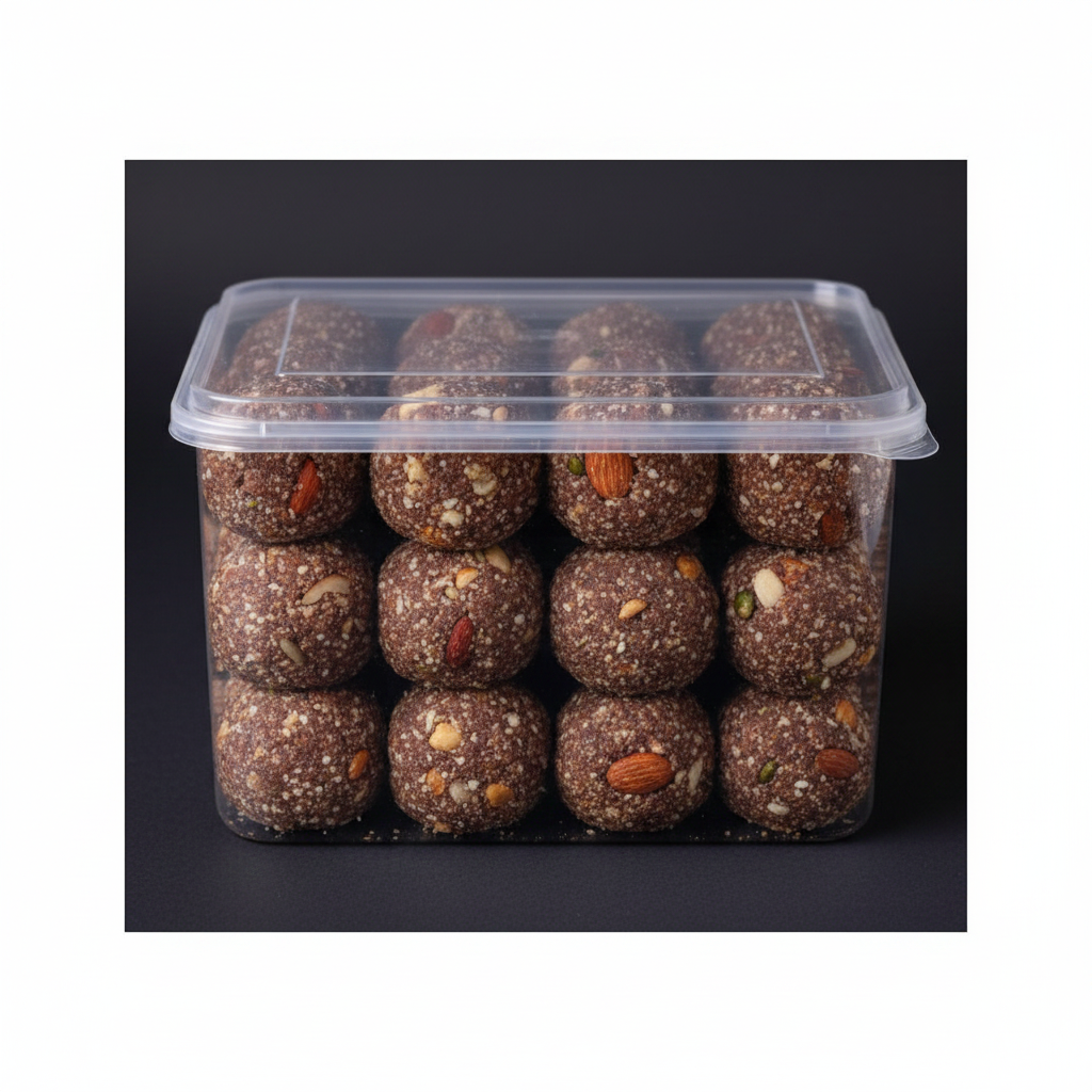 Raagi Laddu in plastic box - front