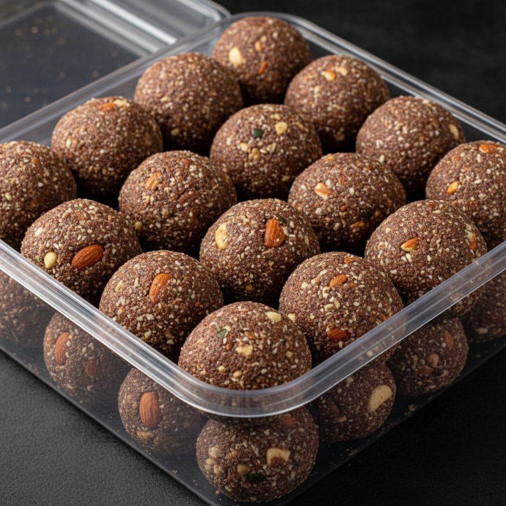 Raagi Laddu in plastic box - open 45 degree