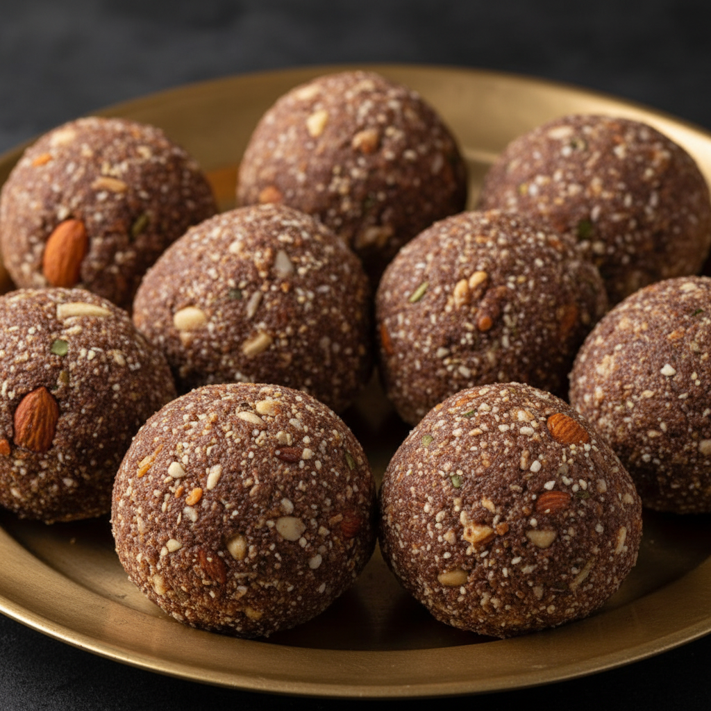 Raagi Laddu on brass plate - 45 degree