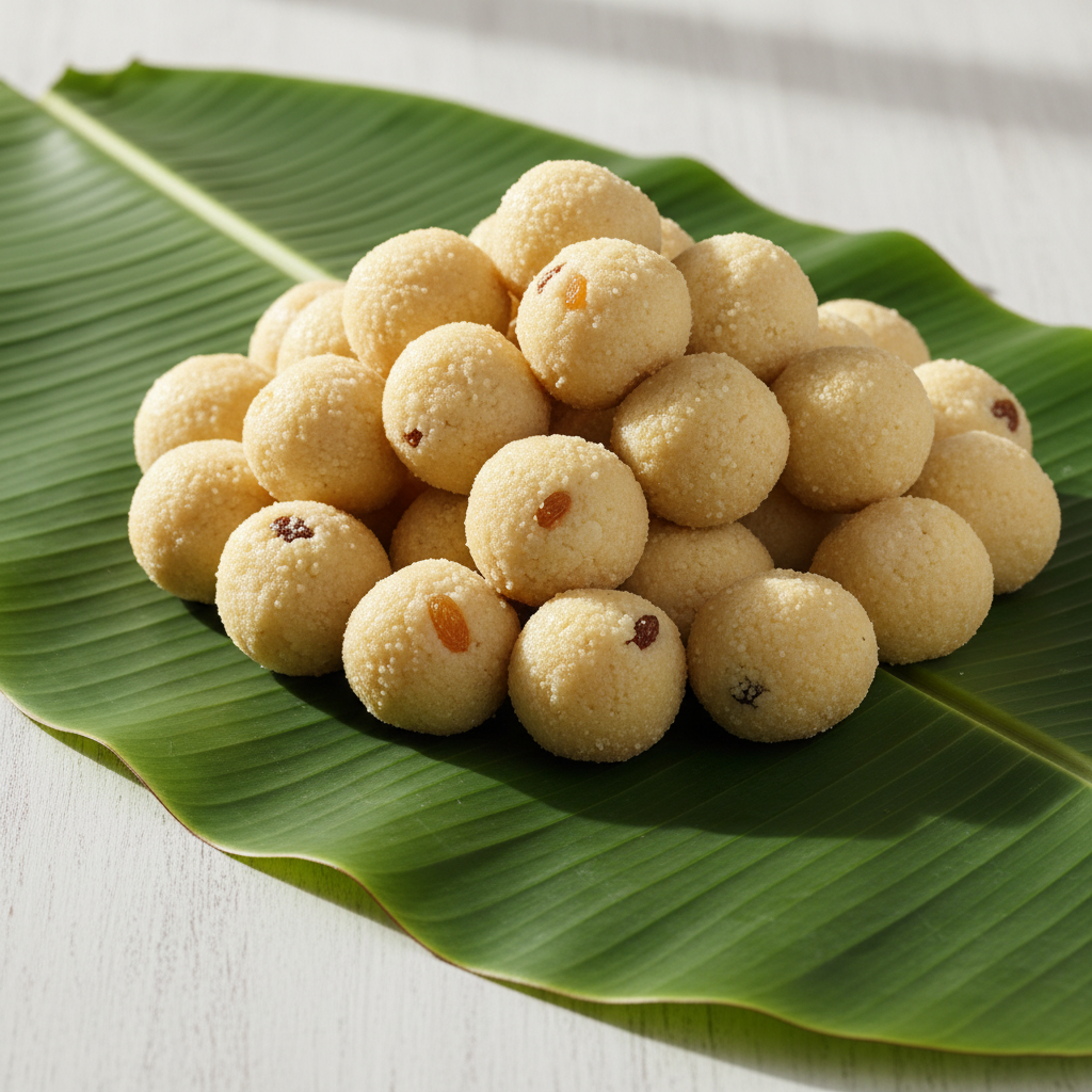 Rava Laddu Bulk on Banana Leaf