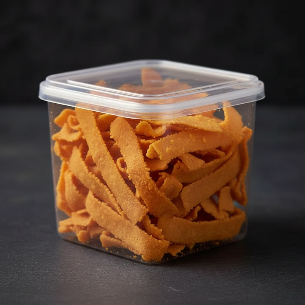 Ribbon Pakoda in plastic box - front