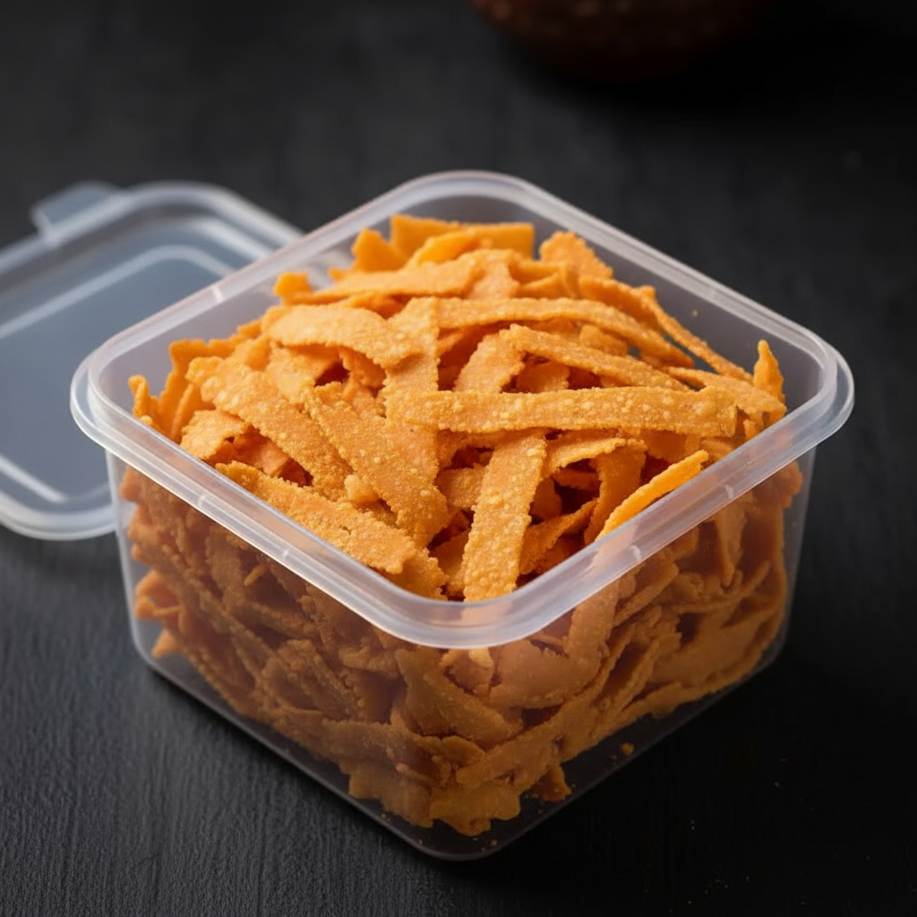 Ribbon Pakoda in plastic box - open 45 degree